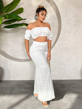 Women's Vacation Off-Shoulder Ruffle Hem Cropped Top And High Waist Layered Pants Set